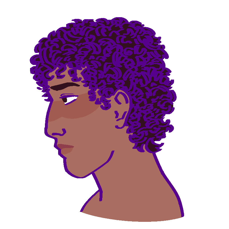 A flat-colored digital drawing of Aaron Jacinto-Flores. He is a young Mexican man with curly dark brown hair that almost reaches his jaw. He frowns and faces our left.