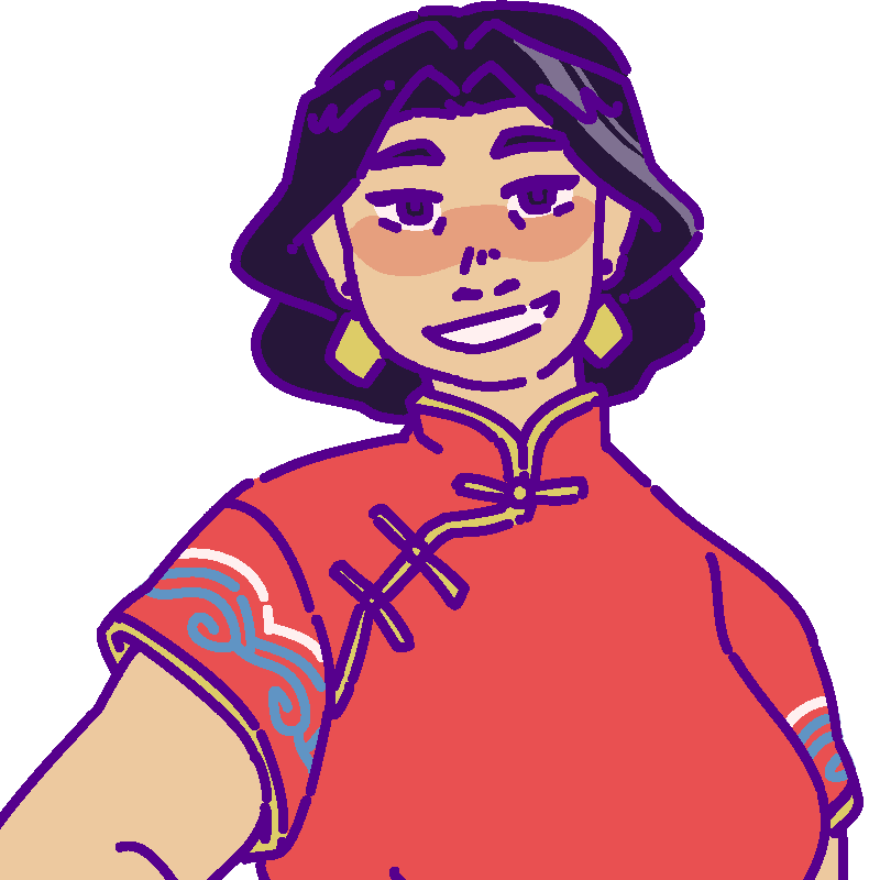 A flat-colored digital drawing of Àibāo Wú. She is a middle aged Han Chinese woman with pale gray streaks in her black hair and gold diamond shaped earings. She smiles and looks at the viewer.