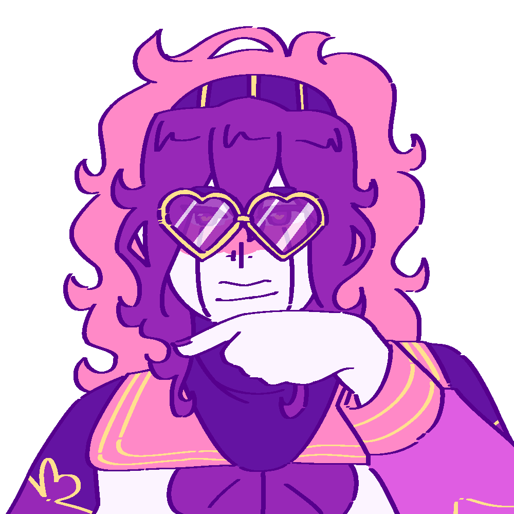 A flat-colored digital drawing of Aiko Satou. She is a Japanese AI with wavy pink and purple hair and heart shapes sunglasses with gold frames and purple lenses. She smiles and looks  at the viewer, holding a hand to her chin.