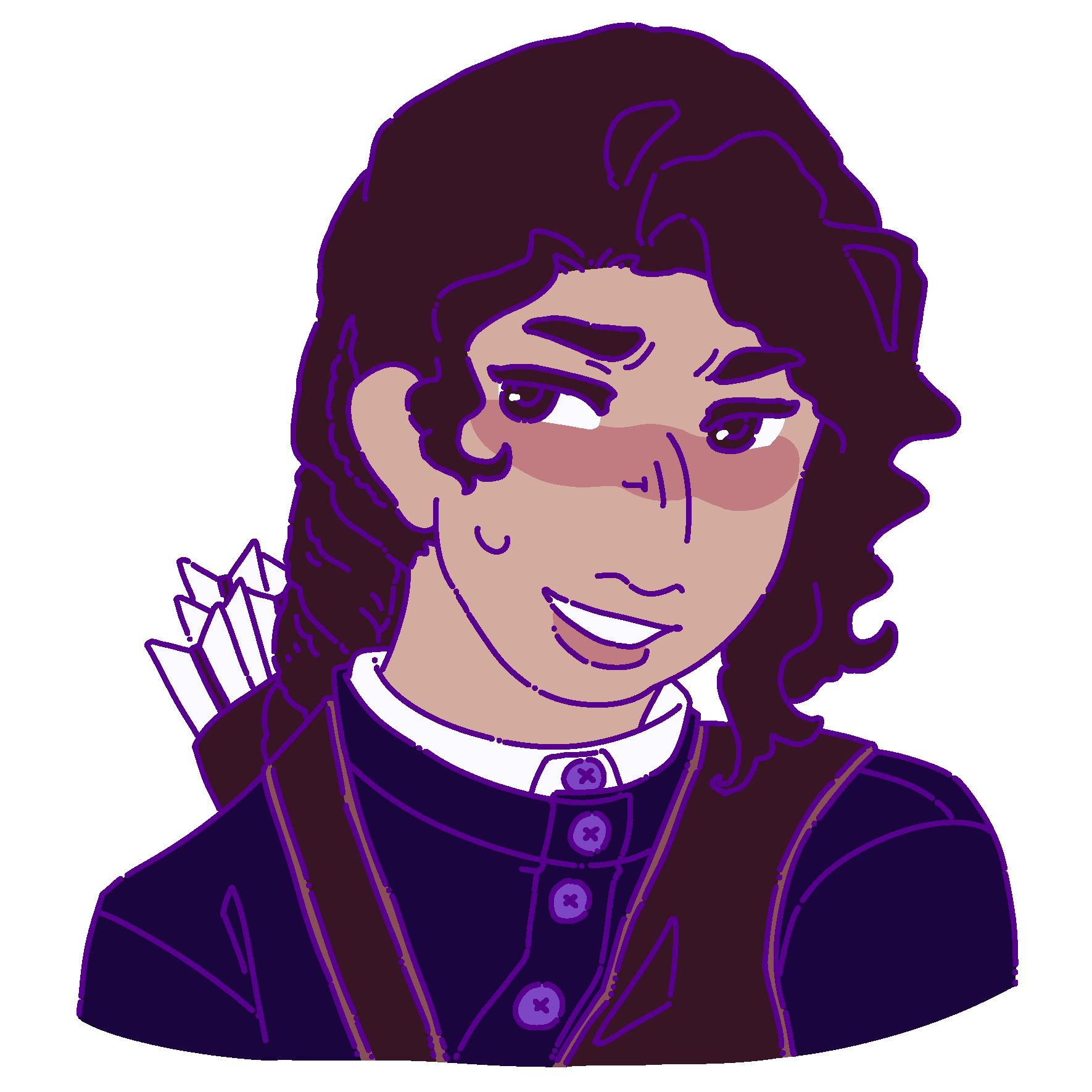 A flat-colored digital drawing of Akchana Atztanko. He is a young Byitveiko man with curly dark brown hair tied into a braid. He smiles nervously and looks downwards towards our left.