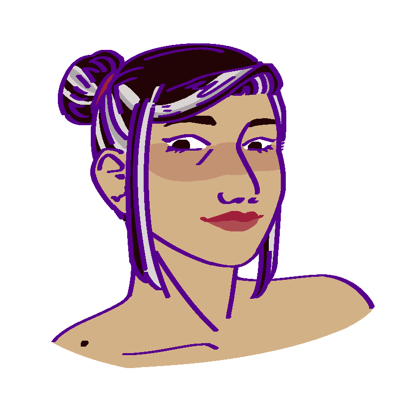 A flat-colored digital drawing of Akemi Akamatsu. She is a middle aged Japanese woman with pale gray streaks in her hair and red lipstick. She smiles and looks downwards at the viewer.