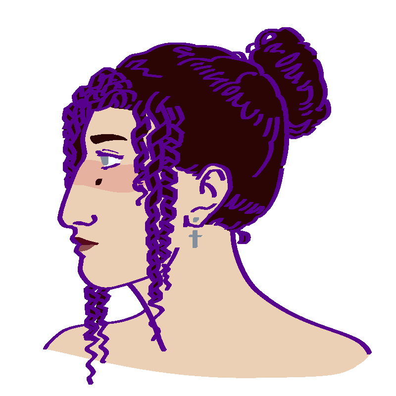 A flat-colored digital drawing of Alexándra Katsarós. She is a middle aged Greek woman with dark brown hair in a high bun, dark red lipstick, and silver cross earing. She looks neutrally towards our left.