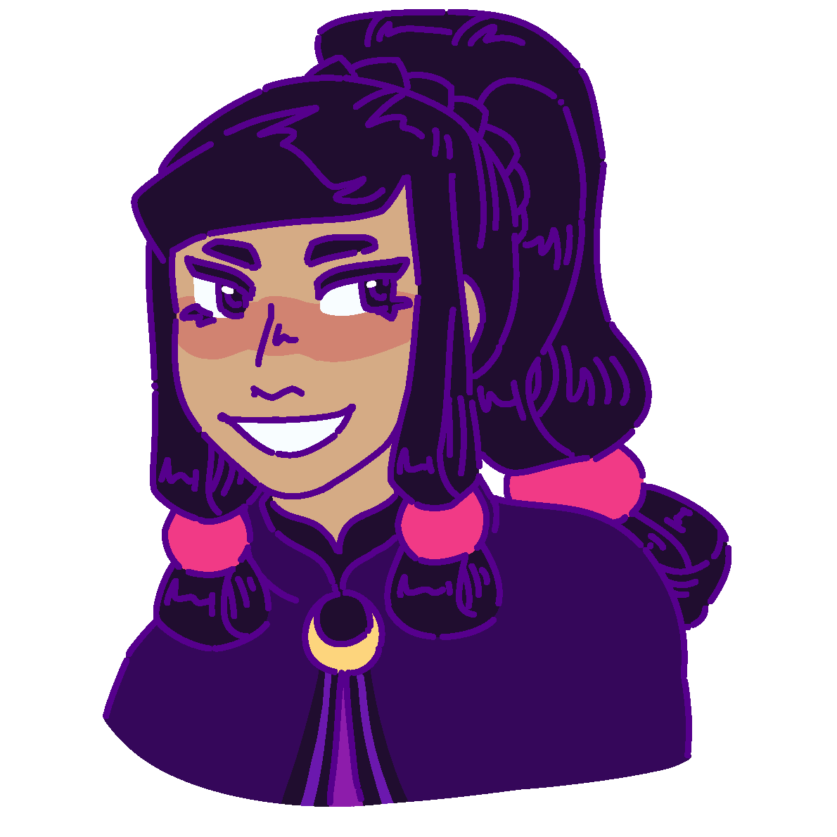 A flat-colored digital drawing of Aoxkai Koveingao. She is a Heingvok teenager with straight black hair tied into a high ponytail. They smile and looks off to the right.