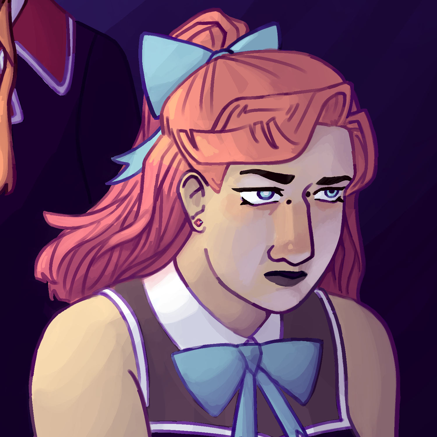 A rendered digital drawing of Aramínta Galánis. She is a young Greek woman with light pink dyed hair, black lipstick, and a black sleeveless dress. She frowns and looks downwards to our right.