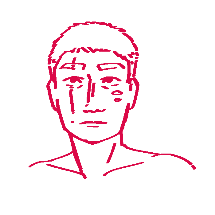 A digital line drawing of C42622117. She is a German and Serbian teenage girl with shaved hair and a scar that runs vertically up her right cheek to her eye, one that bisects her right eyebrow, and two scars beneath her left eye. She faces the viewer and looks neutrally upwards.