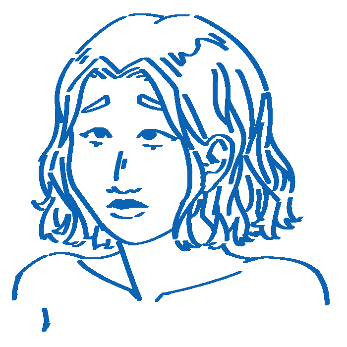 A digital line drawing of C83040520. She is a Filipino teenage girl with wavy hair that reaches just past her chin. She looks worriedly upwards to our left.