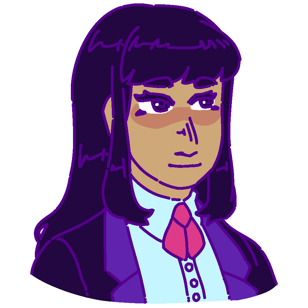 A flat-colored digital drawing of Célia Moreau. She is a mixed Cantonese and French teenager with long straight black hair. She smiles and looks upwards to our right.