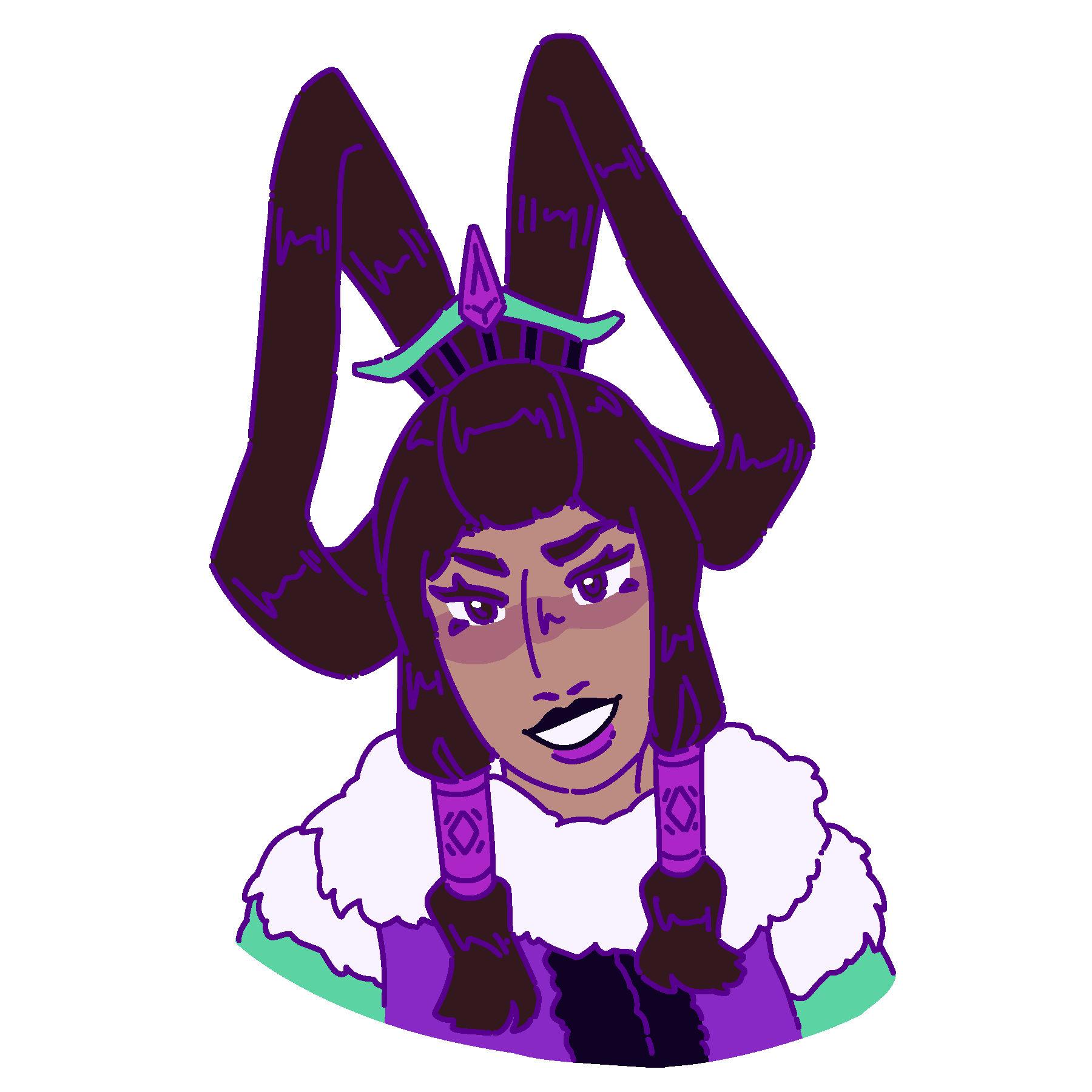 A flat-colored digital drawing of Cheichauri Miwena. She is a young Aiknana woman with long straight dark brown hair tied into two large triangles and purple lipstick. She smiles at the viewer.