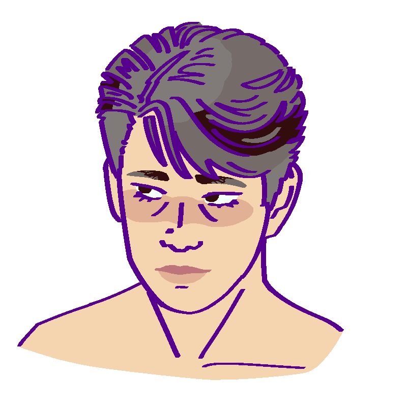 A flat-colored digital drawing of Daichi Mochizuki. He is a middle aged Japanese man with short graying hair. He smiles and looks upwards to our left.