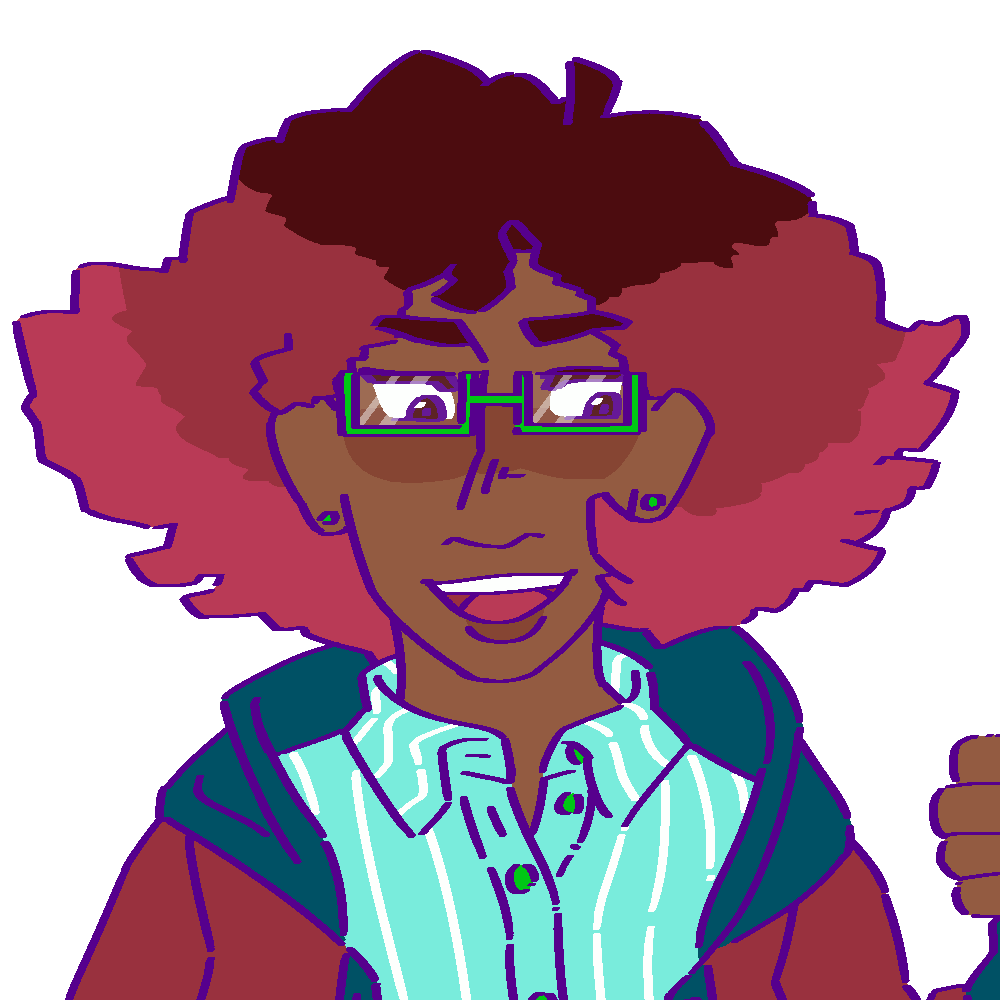 A flat-colored digital drawing of Danka Jankowski. They are a mixed Black and Polish person with coily hair dyed red through the middle and ends and glasses with bright green frames. They smile widely and look downwards off to our right.