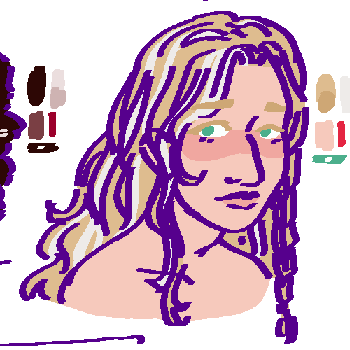 A flat-colored digital drawing of Elizheiya Taikeba. She is a middle aged Roizheiva woman with many pale gray streaks in her wavy blonde hair. She smiles and looks over her shoulder towards our left.