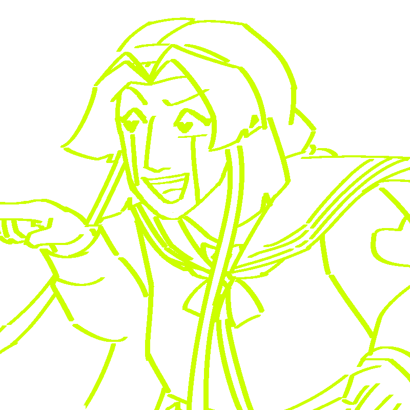 A digital line drawing of Eris Lambros. She is a Greek AI with long straight hair. She laughs, points, and looks towards our left.