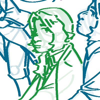 A digital line drawing of Far Past. He is a mixed Sun and Star young boy with wavy hair and a blanket draped over his shoulders. He looks concerned off to our right.