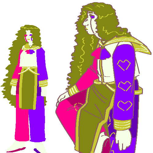 A flat-colored digital drawing of Futaba Nozawa. She is a Japanese AI long curly green hair and solid pink and purple eyes. He floats with one hand on his knee, facing towards our left.