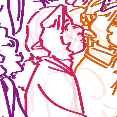 A digital line drawing of Future. She is a mixed Sun and Star teenager with wavy hair tied into a low ponytail and a cloak. They look over their shoulder towards our left.