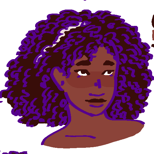 A flat-colored digital drawing of Hailo Taikeba. She is a middle aged Diajauna woman with a pale gray streak in her coily dark brown hair. She smiles and looks upwards towards our right.