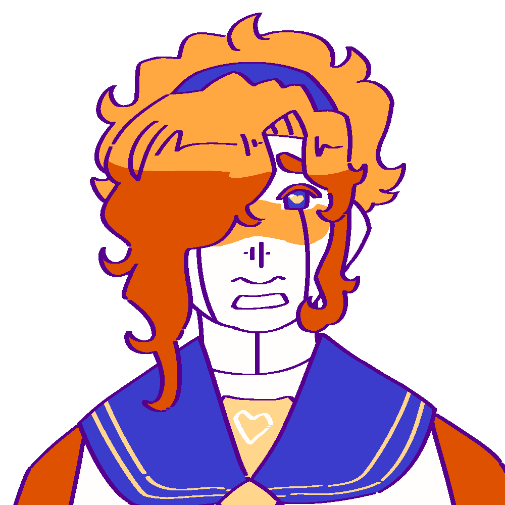 A flat-colored digital drawing of Haruma Watanabe. He is a Japanese AI with wavy orange hair that covers his right eye. They look worriedly at the viewer.