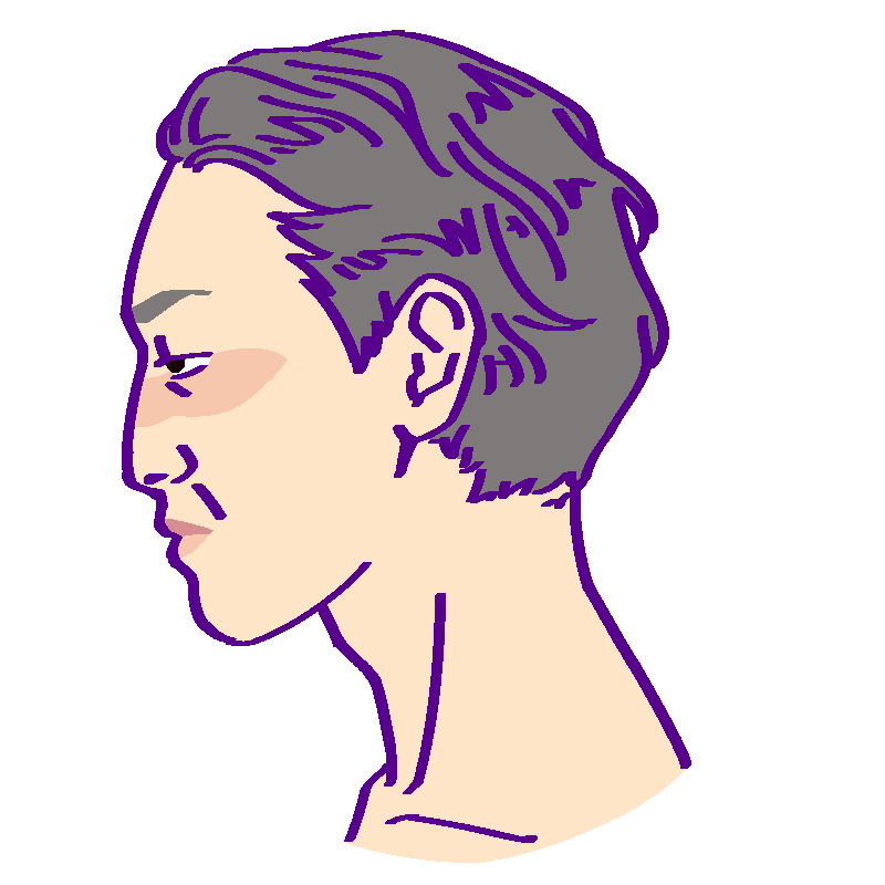 A flat-colored digital drawing of Hideaki Katsuki. He is an old Japanese man with gray slicked back hair and tired eyes. He looks sternly towards our left.