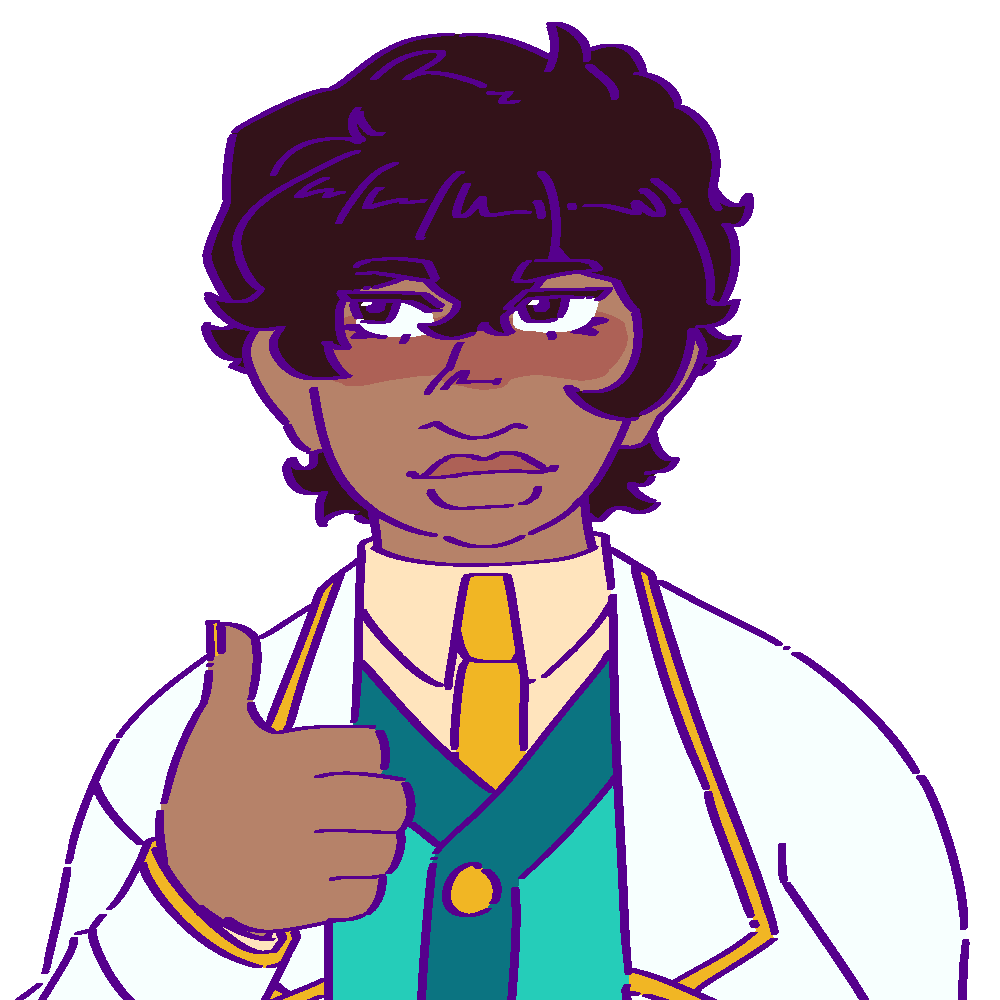 A flat-colored digital drawing of Hien Mai. She is a Vietnamese woman with short dark brown hair. She smiles and looks upwards to our left, giving a thumbs up.