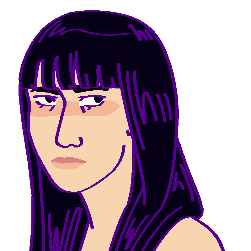 A flat-colored digital drawing of Huāfāng Wú. She is a middle aged Han Chinese woman with long straight black hair. She fowns slightly and looks off towards our right.