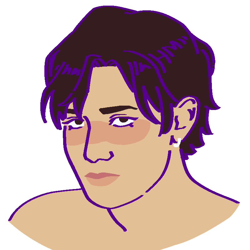 A flat-colored digital drawing of Hugo Moreau. He is a young mixed Cantonese and French man with dark brown hair. He looks determined upwards at the viewer.