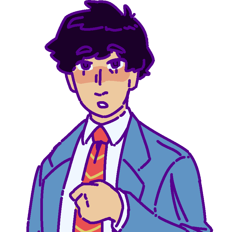 A flat-colored digital drawing of Huīchén Wú. He is a middle aged Han Chinese man with fluffy short black hair. He looks surprised at the viewer.