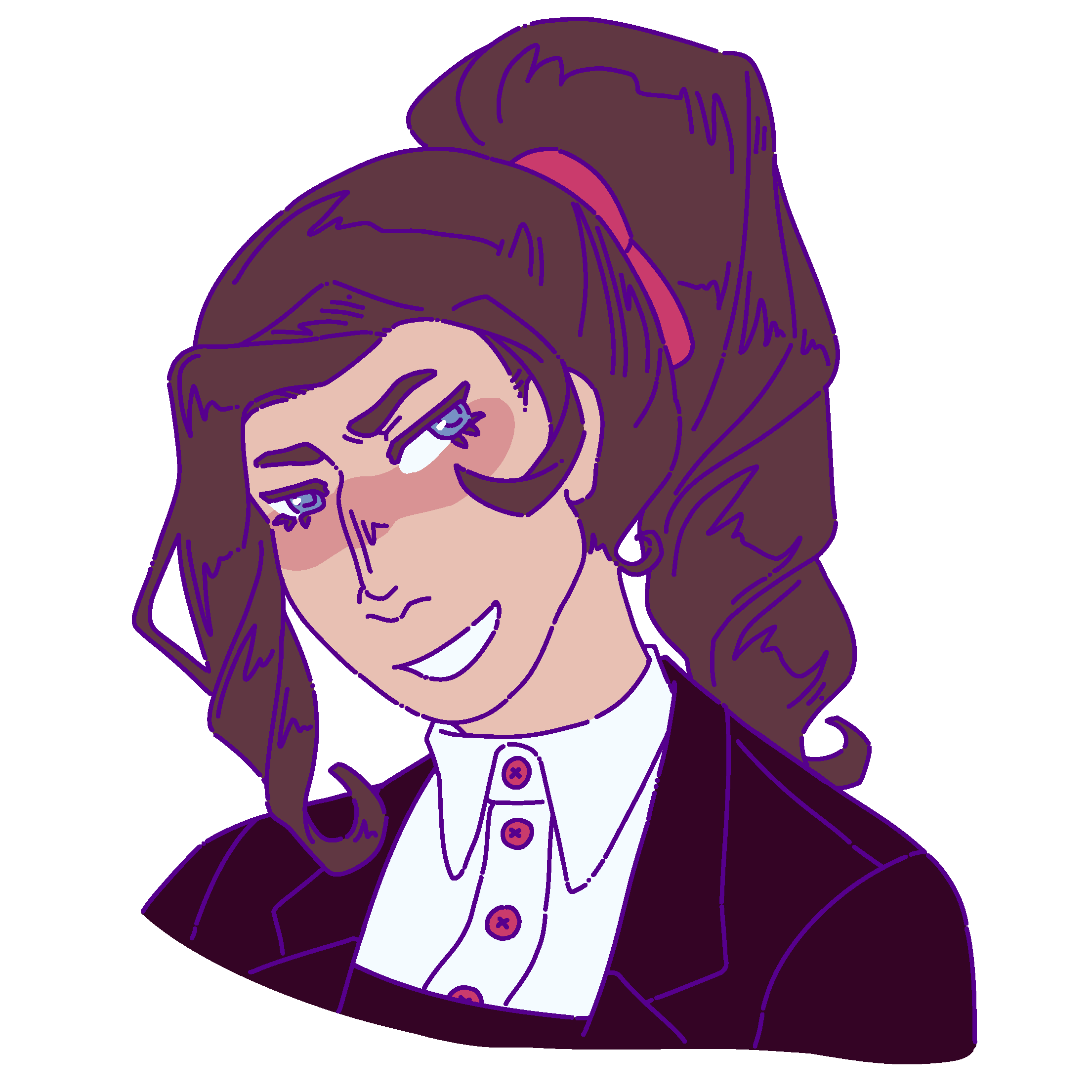 A flat-colored digital drawing of Itzhonzi Bikyotze. She is a young Byitveiko woman with wavy dark brown hair tied into a high ponytail. She smiles and looks off to our right.