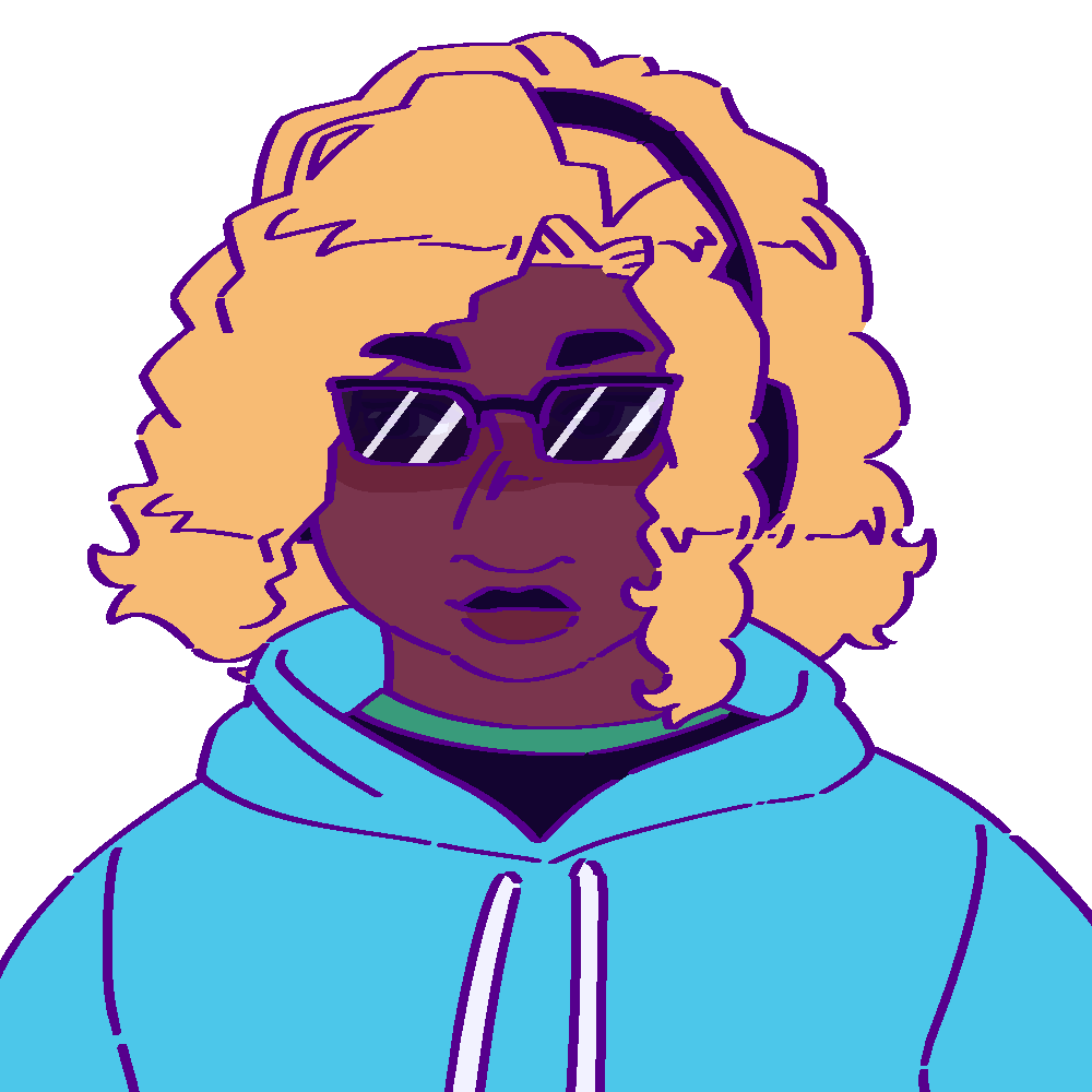 A flat-colored digital drawing of James Zubira. He is a Tanzanian and Black American man with coily bleached hair, sunglasses with black frames, and black headphones. He smiles slightly, facing viewer.