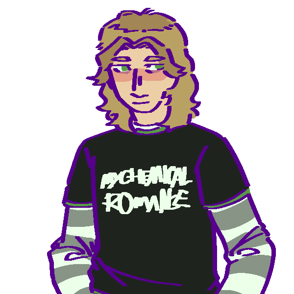 A flat-colored digital drawing of Jared Chase. He is a young white man with shoulder-length dirty blond hair and a My Chemical Romance t-shirt. He smiles and looks off to our right.