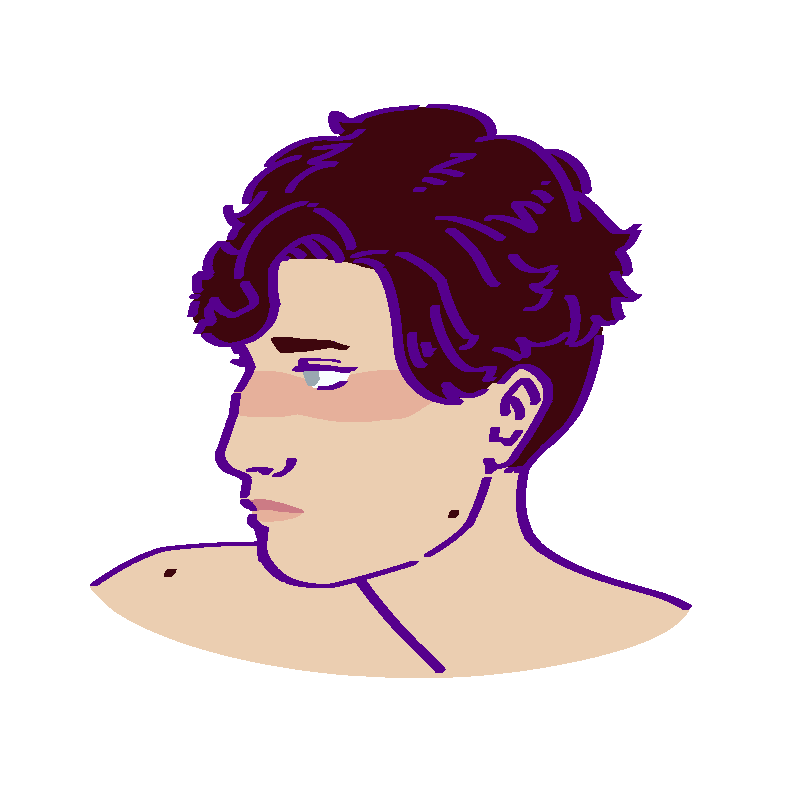 A flat-colored digital drawing of Jason Galánis. He is a young Greek man with short dark brown hair. He faces downwards towards our left.