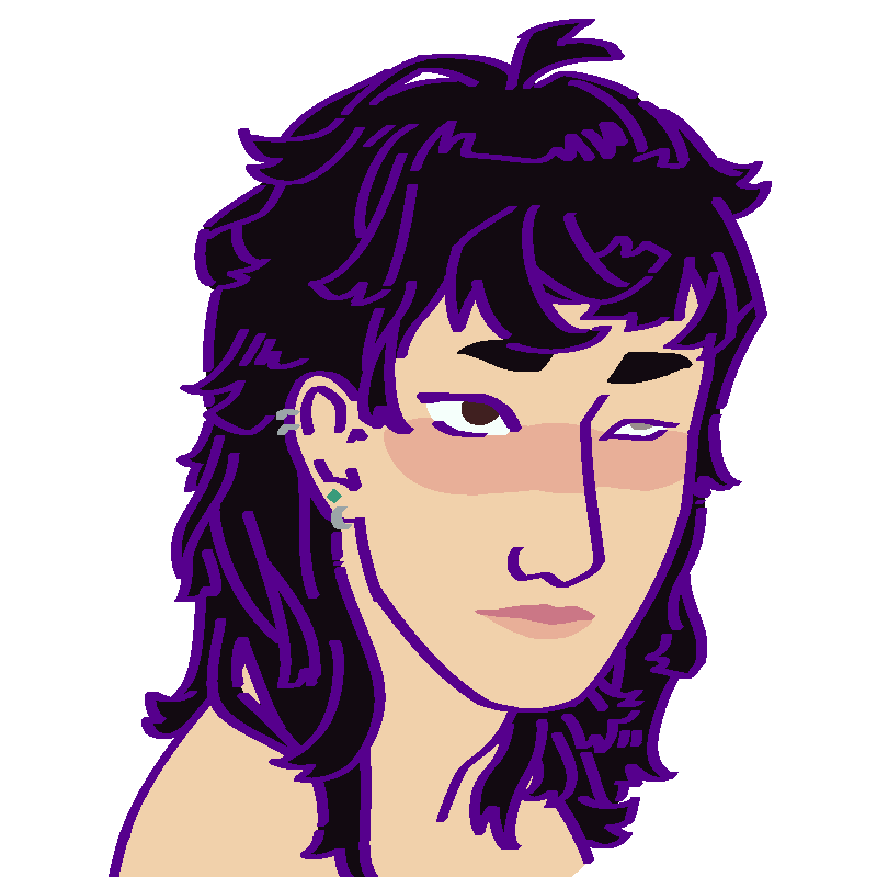 A flat-colored digital drawing of Jiāxù Jiāng. He is a Han Chinese man with choppily cut wavy black hair and a blinded left eye. He smiles and looks off to our right.