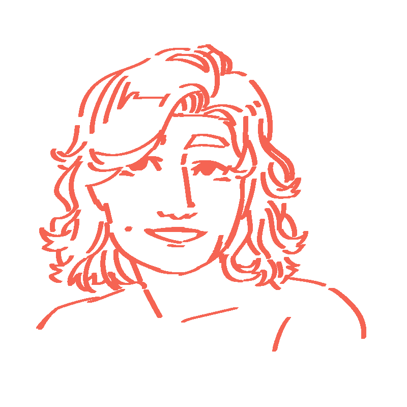 A digital line drawing of Kara Sommer. She is a German and Serbian tween girl with wavy hair that almost reaches her shoulders and a vertical scar on her left cheek. She smiles facing the viewer and looks upwards off to our left.