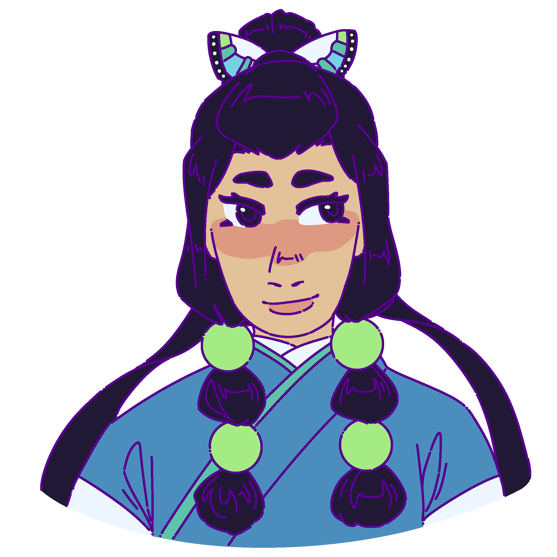 A flat-colored digital drawing of Kueyimu Kofeilau. She is a young Qayoita woman with straight black hair tied into a high bun. She smiles and looks off to our right.