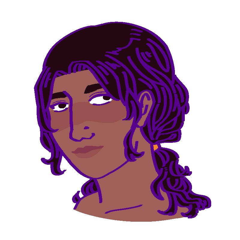 A flat-colored digital drawing of Maritsa Flores-Reyes. She is a Mexican woman with dark wavy hair pulled into a low ponytail. She smiles and looks off to our right.