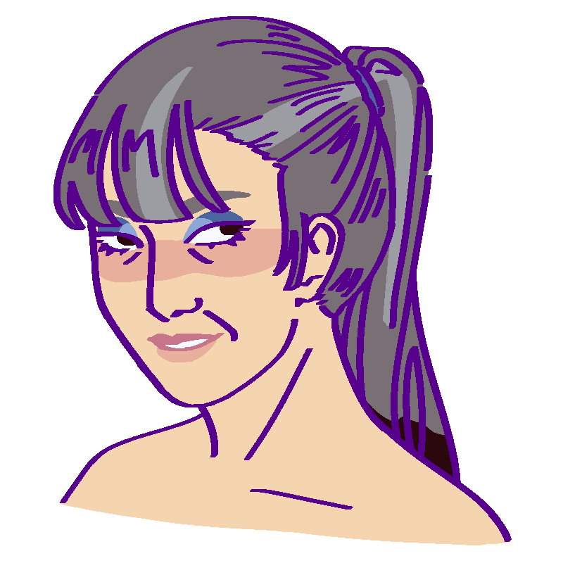 A flat-colored digital drawing of Misato Mochizuki. She is an old Japanese woman with graying hair pulled into a ponytail and blue eyeshadow. She smiles and looks off to our right.