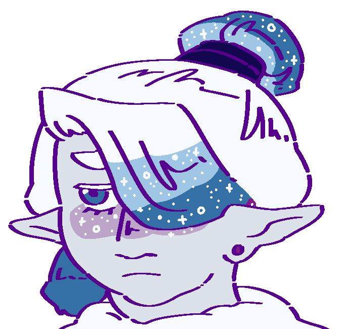 A flat-colored digital drawing of The Moon Avatar. He is a Moon teenager with straight white hair that fades to blue, covers their left eye, and is tied into a topknot. They frown slightly and look off towards our left.