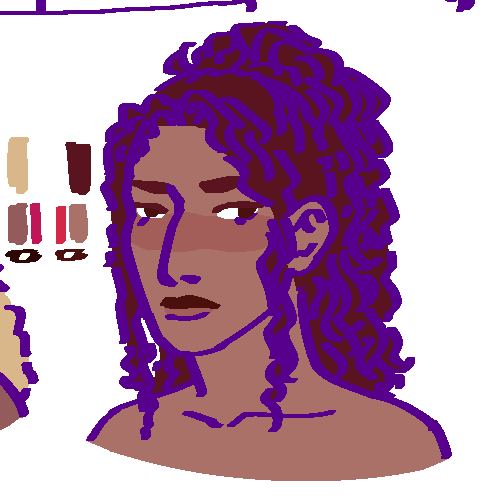 A flat-colored digital drawing of Mokasai Taikeba. She is a mixed Diajauna and Roizheiva teenage girl with dark reddish brown hair tied into a high ponytail. She looks neutrally towards our right.