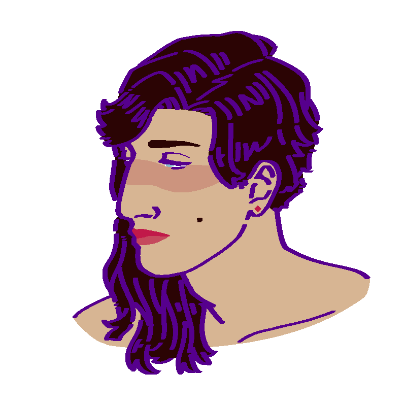 A flat-colored digital drawing of Nikó Galánis. He is a young Greek man with wavy dark brown hair that's long on one side and short on the other and red lipstick. He looks neutrally downwards towards our left.