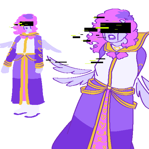 A flat-colored digital drawing of Otoha Amou. She is a young looking Japanese AI with curly pink and purple hair, pale purple skin, and four pale purple wings. Their eyes are obscured by black and neon yellow bars, and they float with her hands behind her back.