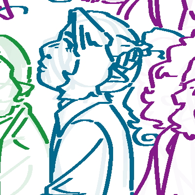 A digital line drawing of Past. He is a mixed Sun and Star teenager with wavy hair tied into a high ponytail and a coat. They look over their shoulder towards our right.