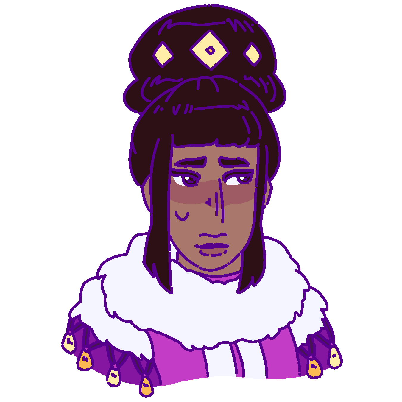 A flat-colored digital drawing of Pinkuyek Miwena. She is a middle aged Aiknana woman with straight black hair tied into a large bun. She smiles nervously and looks off towards our right.