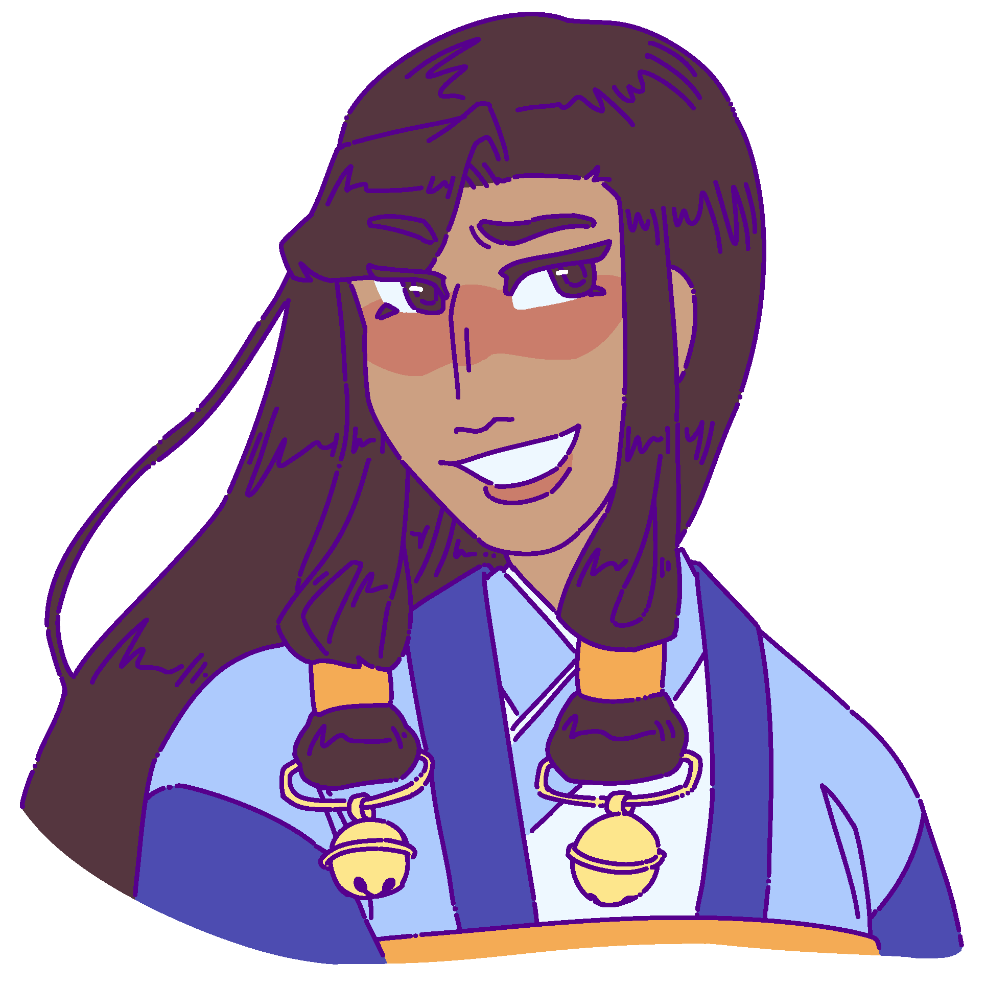 A flat-colored digital drawing of Qusoimi Litei. She is a young Qayoita woman with long straight dark bown hair with bells tied in at the front. She smiles and looks off to our right.