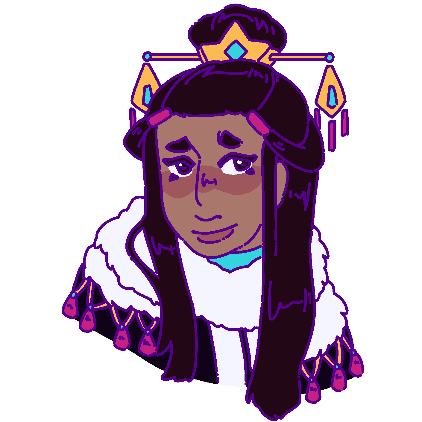 A flat-colored digital drawing of Reibrai Miwena. She is a Aiknana teenager with long black hair partially pulled into a topknot. She smiles nervously and looks towards the viewer.