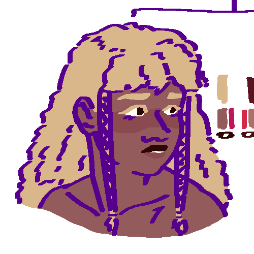 A flat-colored digital drawing of Sachikay Taikeba. She is a mixed Diajauna and Roizheiva teenager with coily dirty blonde hair. She looks concerned towards our right.