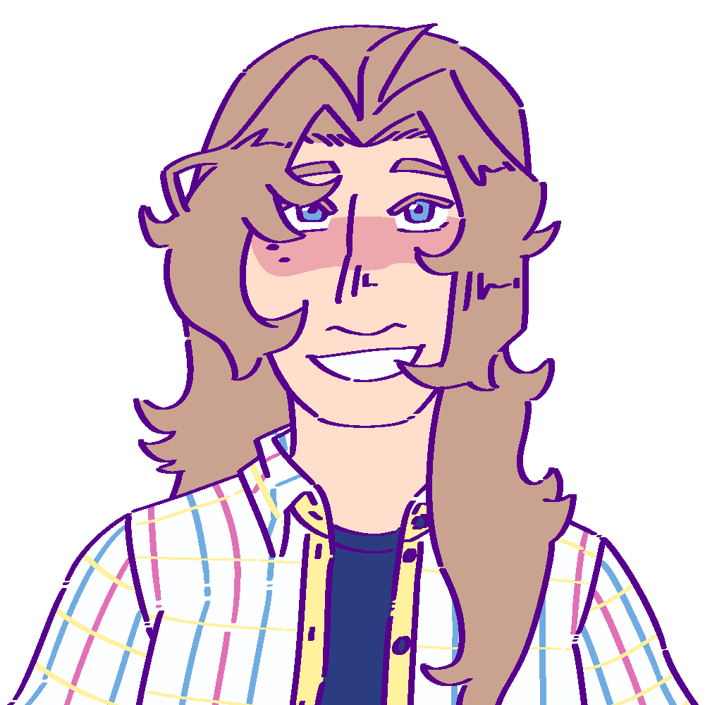 A flat-colored digital drawing of Sasha Sokolov. She is a Russian person with long light brown hair. He smiles widely and looks at the viewer.