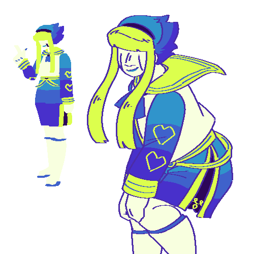 A flat-colored digital drawing of Satoshi Aoyama. They are a young looking Japanese AI with neon yellow and blue hair, white skin, and bangs that obscure their eyes. They float with their hands on their knees.