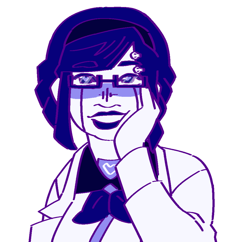 A flat-colored digital drawing of Seina Koga. She is a Japanese AI with dark blue hair, dark blue lipstick, glasses with dark blue frames, and two skull hairclips. She smiles widely and looks at the viewer, cupping her face in one hand.