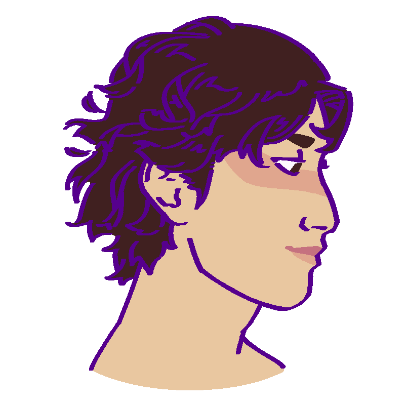 A flat-colored digital drawing of Shuichàng Jiāng. He is a Han Chinese man with wavy dark brown hair. He smiles and looks downwards towards our right.