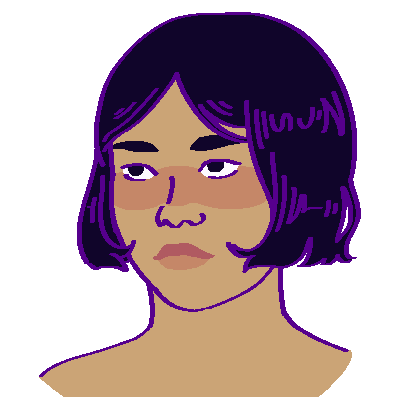 A flat-colored digital drawing of Siudaan Joeng. She is a middle aged Cantonese woman with a black bob. She smiles slightly and looks towards our left.