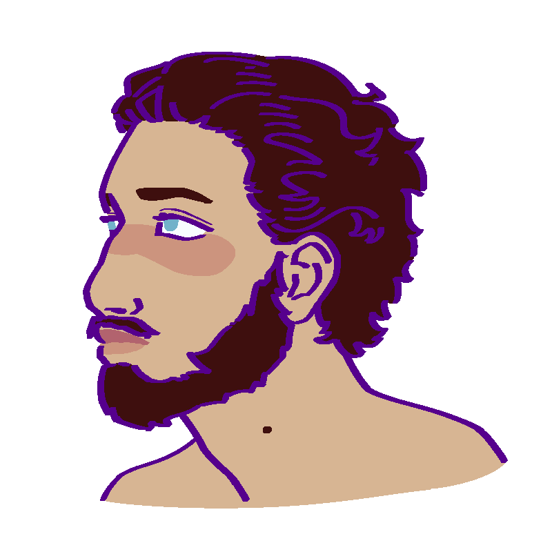 A flat-colored digital drawing of Stéfanos Galánis. He is a middle aged Greek man with short dark brown hair and short beard and mustache. He faces towards our left.